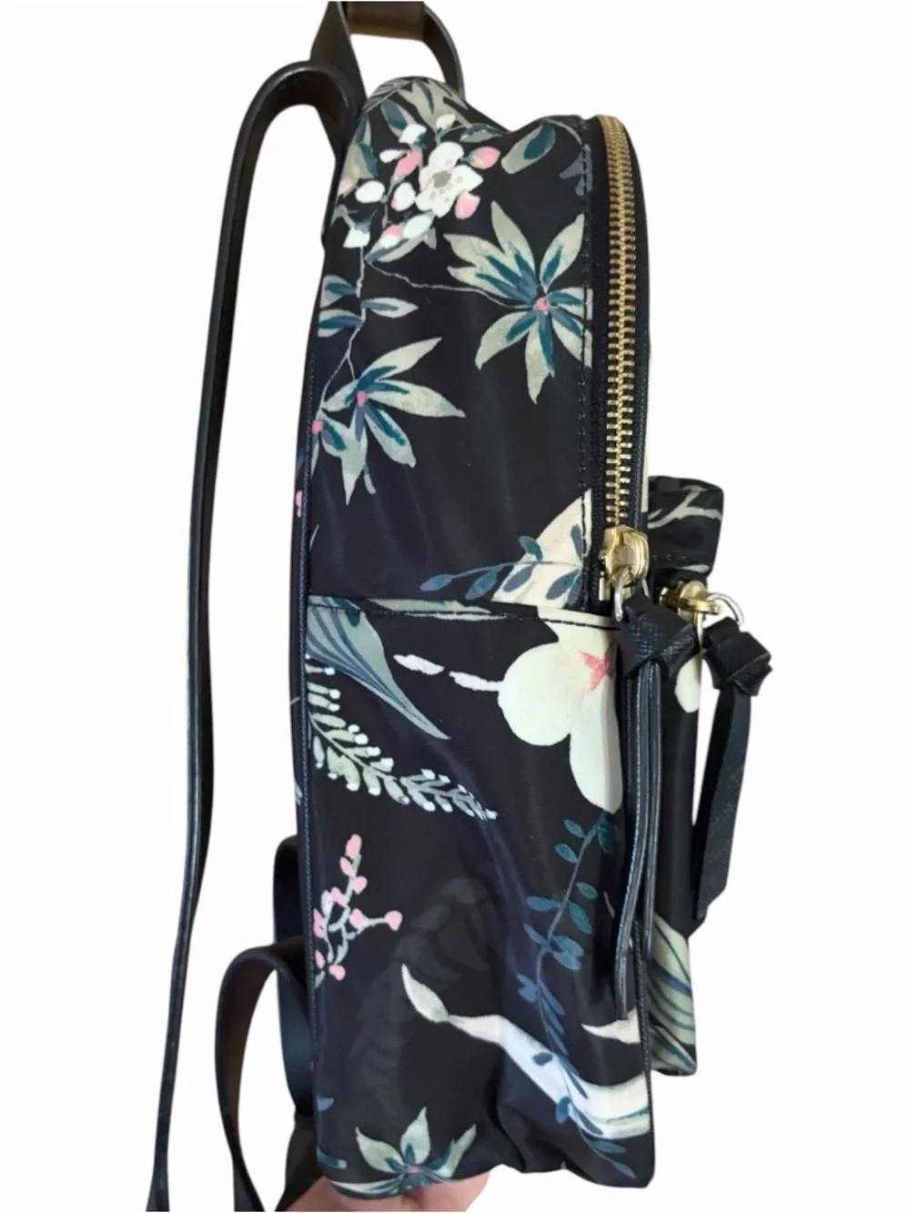 Kate Spade Botanical‎ Print Bradley Nylon Backpack Black Saffiano Leather Straps